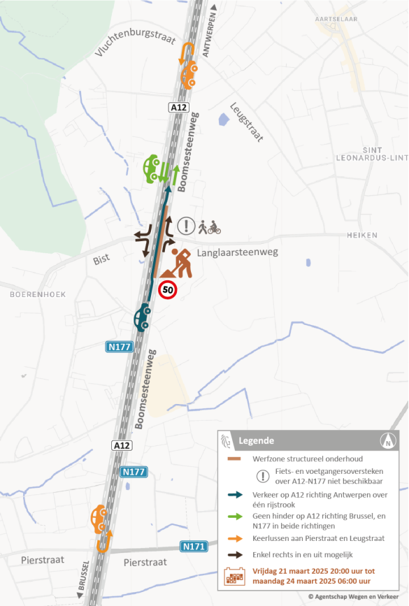 Verkeerssituatie ter hoogte van het kruispunt A12 met Bist/Langlaarsteenweg.