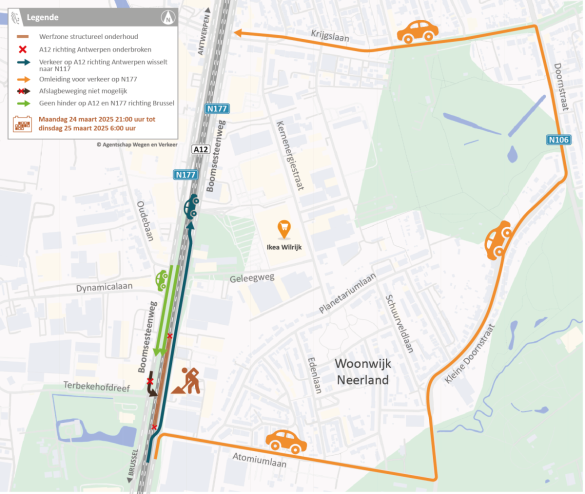 Verkeerssituatie ter hoogte van het kruispunt A12 met Terbekehofdreef/Atomiumlaan.