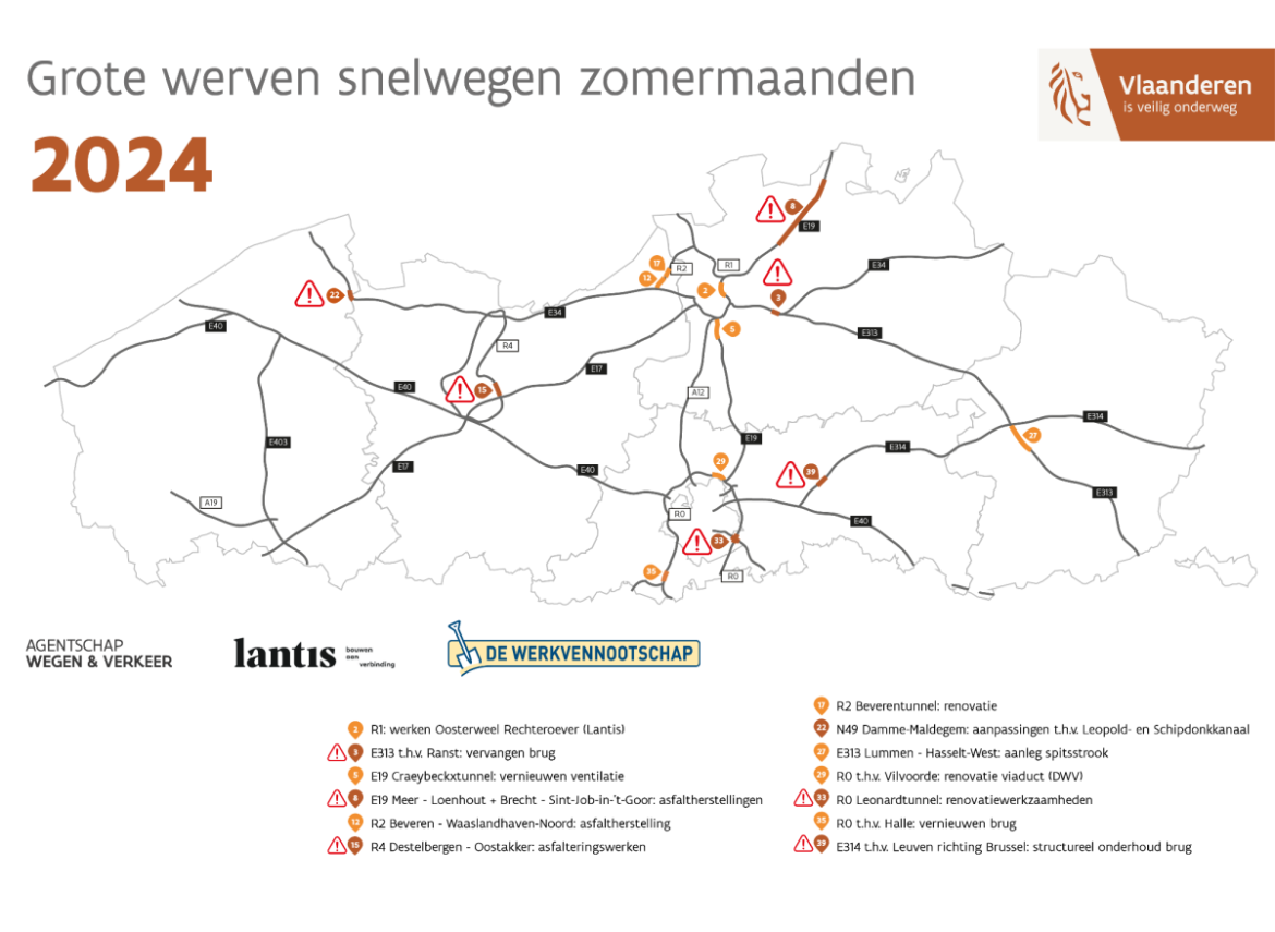 Kaart met de locaties van de belangrijkste werven met zomerhinder.