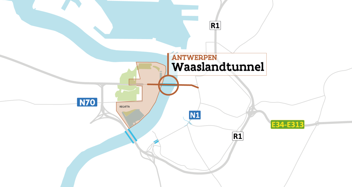 Localisatie van de Waaslandtunnel op een kaart.