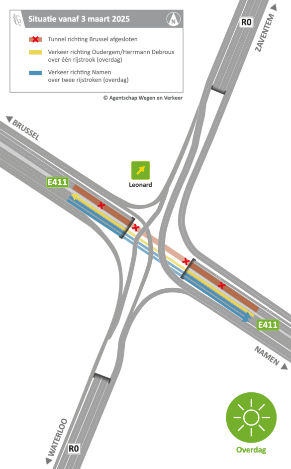 Verkeerssituatie in de Leonardtunnel op de E411 vanaf 3 maart.